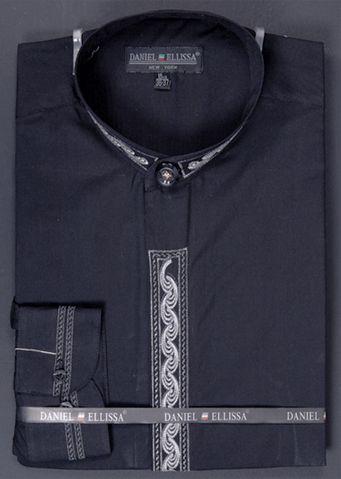 Daniel Ellissa Men's Black Dress Shirt w/Grey Wave Embroidery | Regular Fit Band Collar - USA Men's Outlet