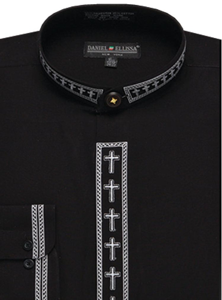 "Daniel Ellissa Men's Black/White Clergy Shirt - Exclusive Cross Embroidered Banded Collar" - USA Men's Outlet