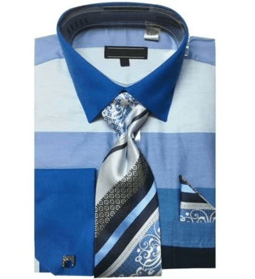 Daniel Ellissa Men's Blue Wide Horizontal Stripe French Cuff Shirt, Tie, & Hanky Set with Contrast Collar - USA Men's Outlet