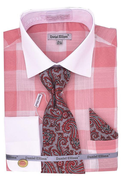 Daniel Ellissa Men's Coral Pink Picnic Plaid Dress Shirt Set w/ Contrast Collar & French Cuffs - USA Men's Outlet