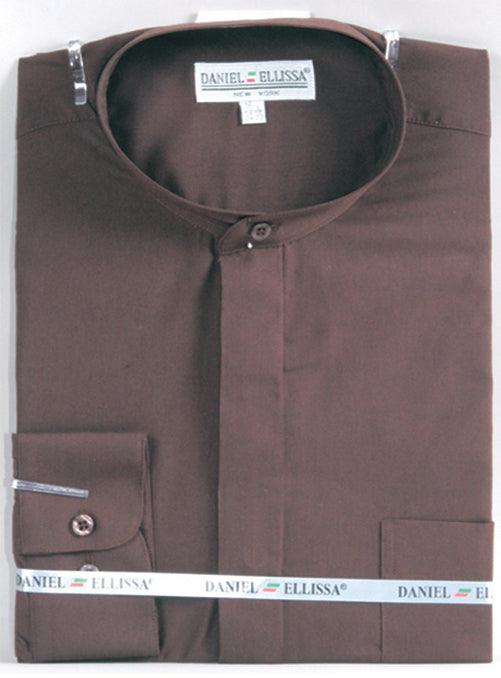 Daniel Ellissa Men's Dark Brown Classic Banded Collar French Front Dress Shirt - USA Men's Outlet