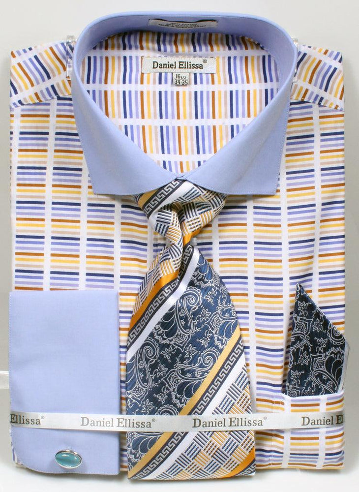 Daniel Ellissa Men's Dress Shirt & Tie Set: Multi Stripe & Contrast Cuff, Wide Spread Collar - Blue - USA Men's Outlet