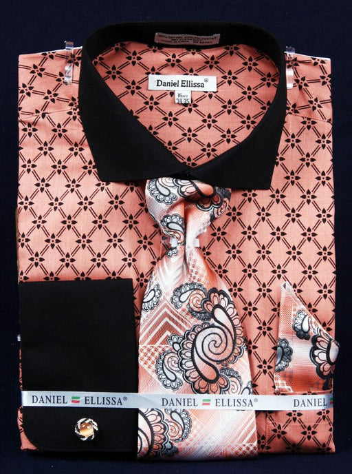 "Daniel Ellissa Men's Floral Dress Shirt & Tie Combo in Coral w/ Black Spread Collar & French Cuff" - USA Men's Outlet