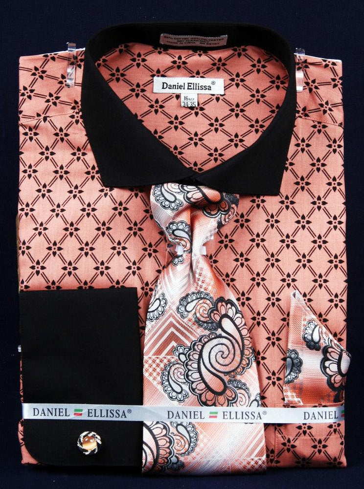 "Daniel Ellissa Men's Floral Dress Shirt & Tie Combo in Coral w/ Black Spread Collar & French Cuff" - USA Men's Outlet