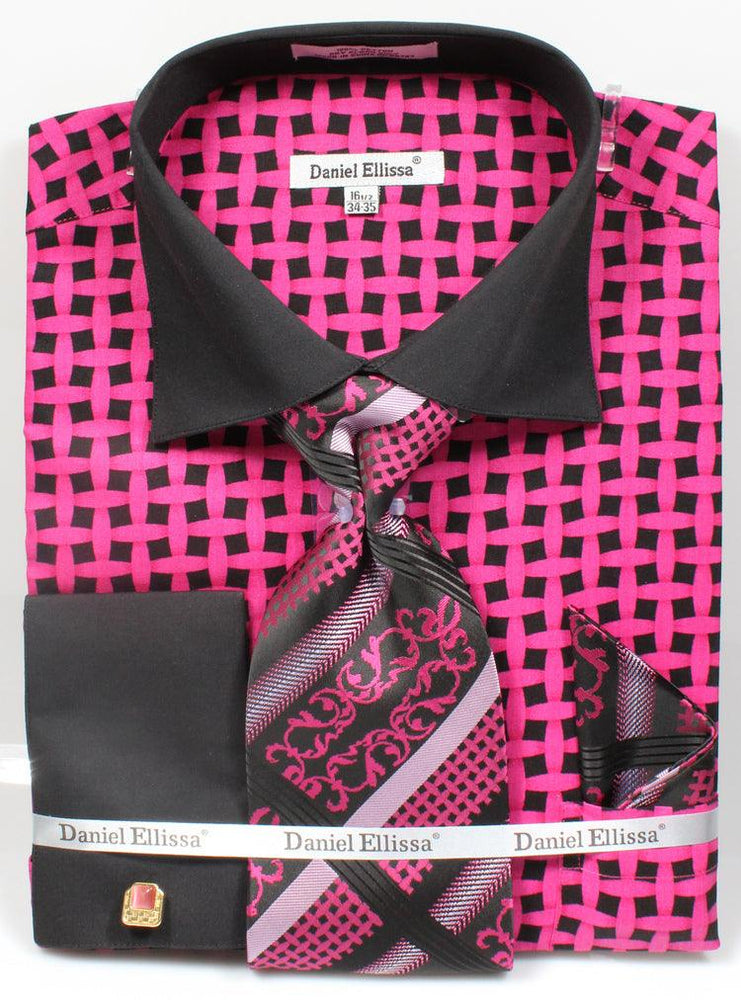 Daniel Ellissa Men's French Cuff Contrast Collar Lattice Dress Shirt & Tie Set - Black & Fuchsia - USA Men's Outlet