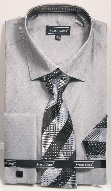 Daniel Ellissa Men's Grey Pattern French Cuff Shirt, Tie & Hanky Set - USA Men's Outlet