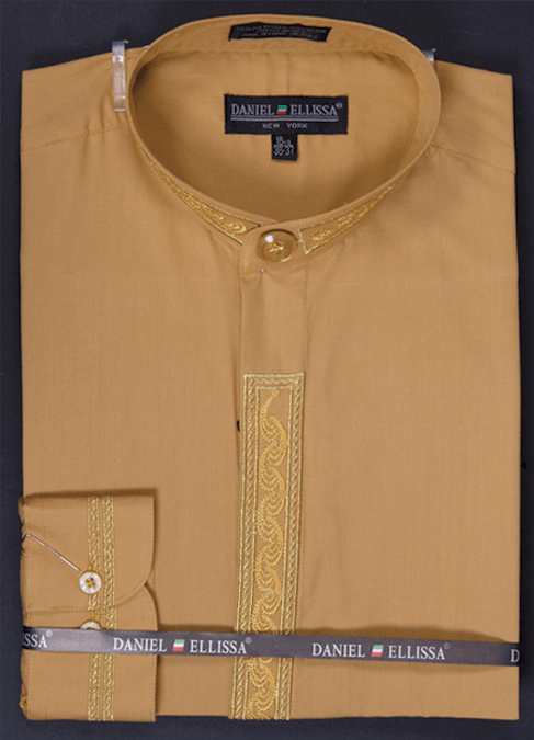 "Daniel Ellissa Men's Honey Gold Dress Shirt - Embroidered Regular Fit Banded Collar" - USA Men's Outlet