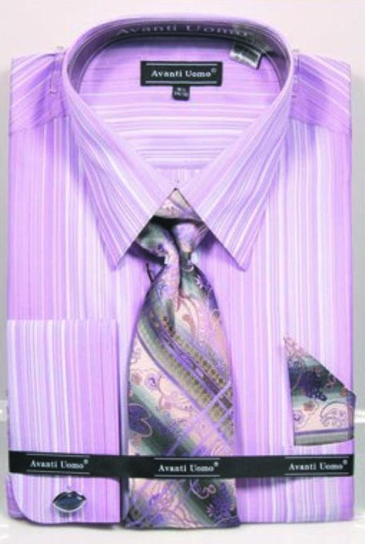 Daniel Ellissa Men's Lavender Tonal Stripe Dress Shirt, Tie & Hanky Set - USA Men's Outlet