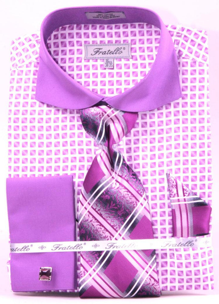 "Daniel Ellissa Men's Lilac Check French Cuff Shirt & Tie Set: Classy Contrast-Collar Spread for Confident Styling" - USA Men's Outlet