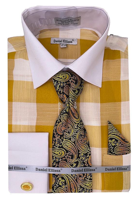 Daniel Ellissa Men's Mustard Yellow Plaid French Cuff Dress Shirt Set — USA Men's Outlet Daniel Ellissa Men's Mustard Yellow Plaid French Cuff Dress Shirt Set — USA Men's Outlet