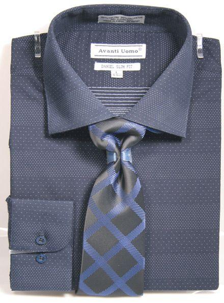 Daniel Ellissa Men's Navy Dot Dress Shirt & Tie Set: Smart Spread Collar Style - USA Men's Outlet