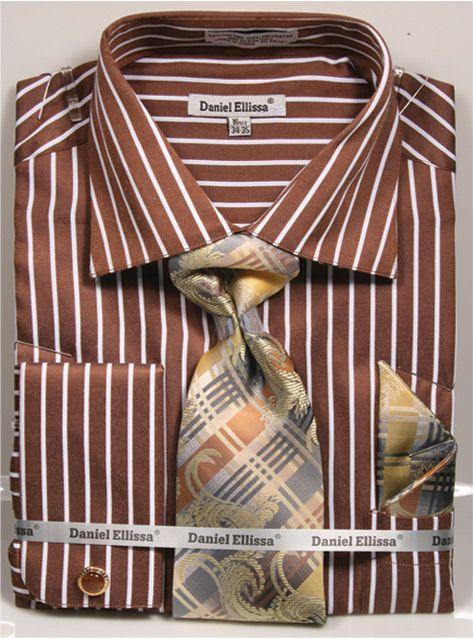 Daniel Ellissa Men's Pinstripe Shirt & Tie Set: Bold Gangster Brown Regular Fit - USA Men's Outlet