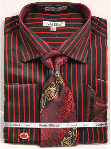 "Daniel Ellissa Men's Reg Fit Spread Collar Dress Shirt & Tie Set - Bold Gangster Black & Red Pinstripe" - USA Men's Outlet