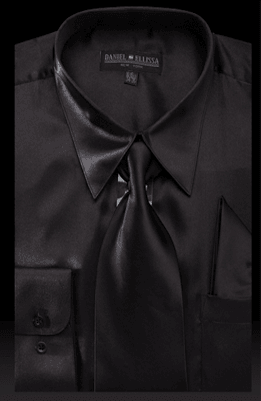Daniel Ellissa Men's Regular Fit Shiny Satin Black Dress Shirt, Tie