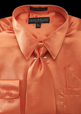 Daniel Ellissa Men's Shine: Regular Fit Satin Dress Shirt, Tie & Pocket Square Set in Orange - USA Men's Outlet