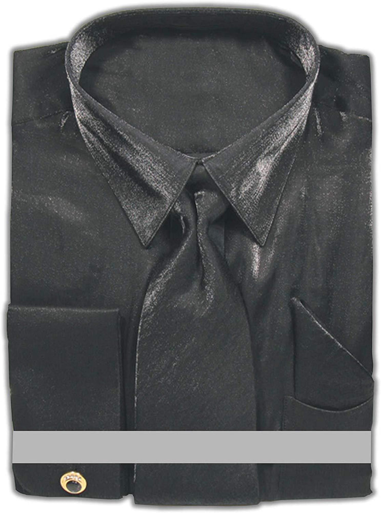 "Daniel Ellissa Men's Shiny Metallic Velvet Dress Shirt & Tie Set - Black" - USA Men's Outlet