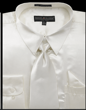 Daniel Ellissa Men's Shiny Satin Dress Shirt, Ivory Tie & Pocket Square Set - Regular Fit - USA Men's Outlet