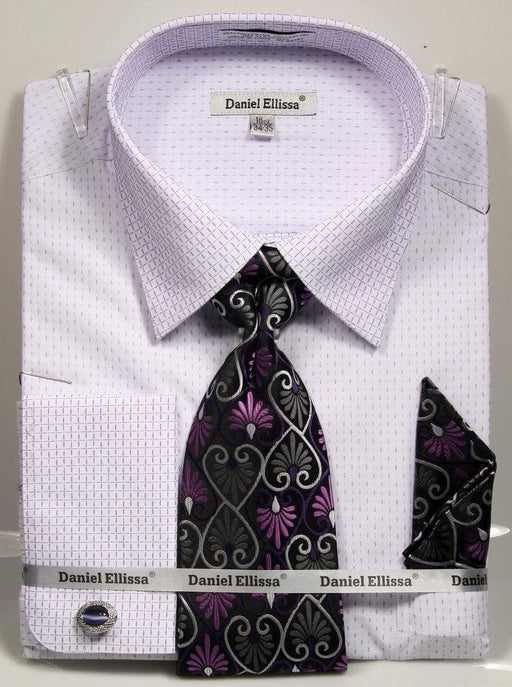 Daniel Ellissa Men's Slim-Fit French Cuff Mini Plus Dress Shirt & Tie Set: White & Purple - USA Men's Outlet