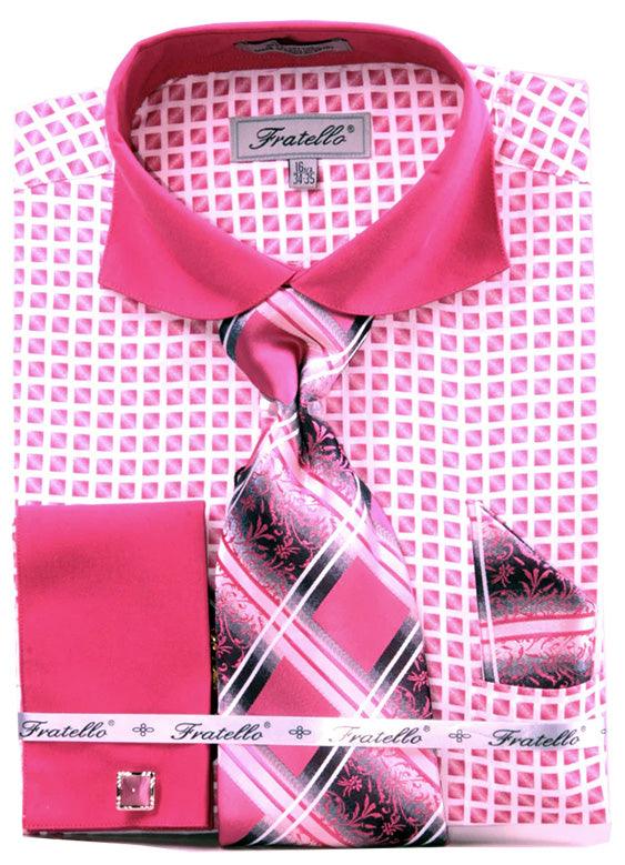 Daniel Ellissa Men's Stylish Fuchisa Check French Cuff Shirt & Tie Set - USA Men's Outlet