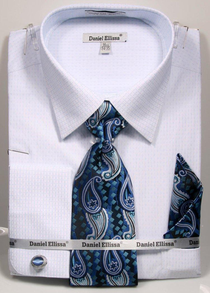 Daniel Ellissa Men's White & Blue Dress Shirt & Tie Set | Regular Fit w/Cuffs & Spread Collar - USA Men's Outlet