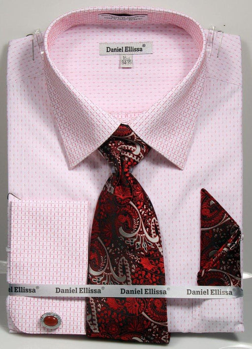 Daniel Ellissa Men's White & Red Dress Shirt & Tie Set - French Cuff, Mini Plus Pattern, Spread Collar, Regular Fit - USA Men's Outlet