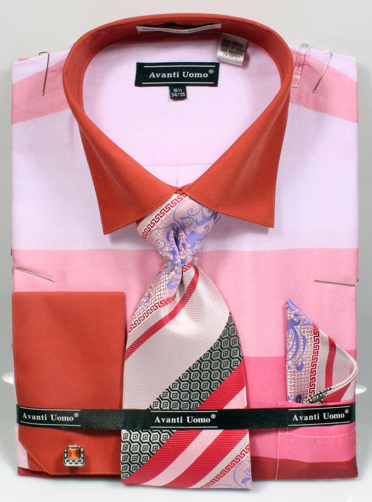 Daniel Ellissa Men's Wide Horizontal Stripe Dress Shirt, Tie, & Hanky Set w/Contrast Collar - Pink - USA Men's Outlet