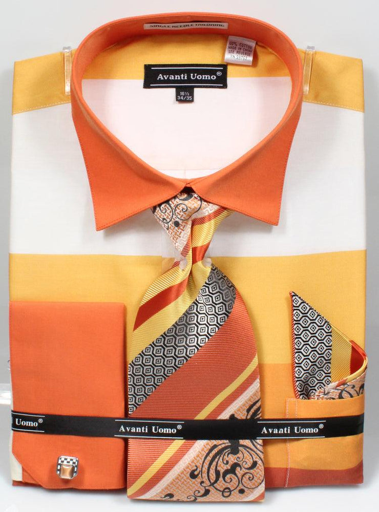 Daniel Ellissa Men's Yellow Wide-Stripe Collar French-Cuff Shirt+Tie+Hanky Set - USA Men's Outlet