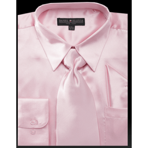 Daniel Ellissa Regular Fit Satin Shirt, Tie & Pocket Square Set | Shiny Pink Menswear - USA Men's Outlet