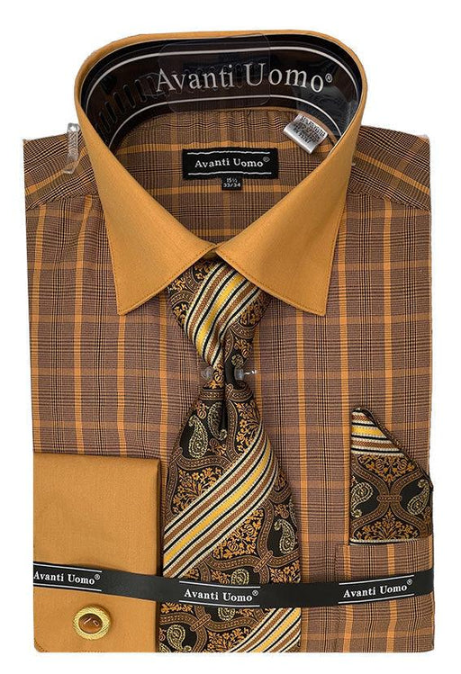 Daniel Ellissa Rust French Cuff Dress Shirt Set: Tonal Check Print & Contrast Collar - USA Men's Outlet