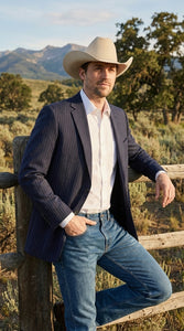 Mens Navy Blue Pinstripe Western Blazer – Classic Cowboy Style Jacket for Business, Formal and Smart Casual Wear