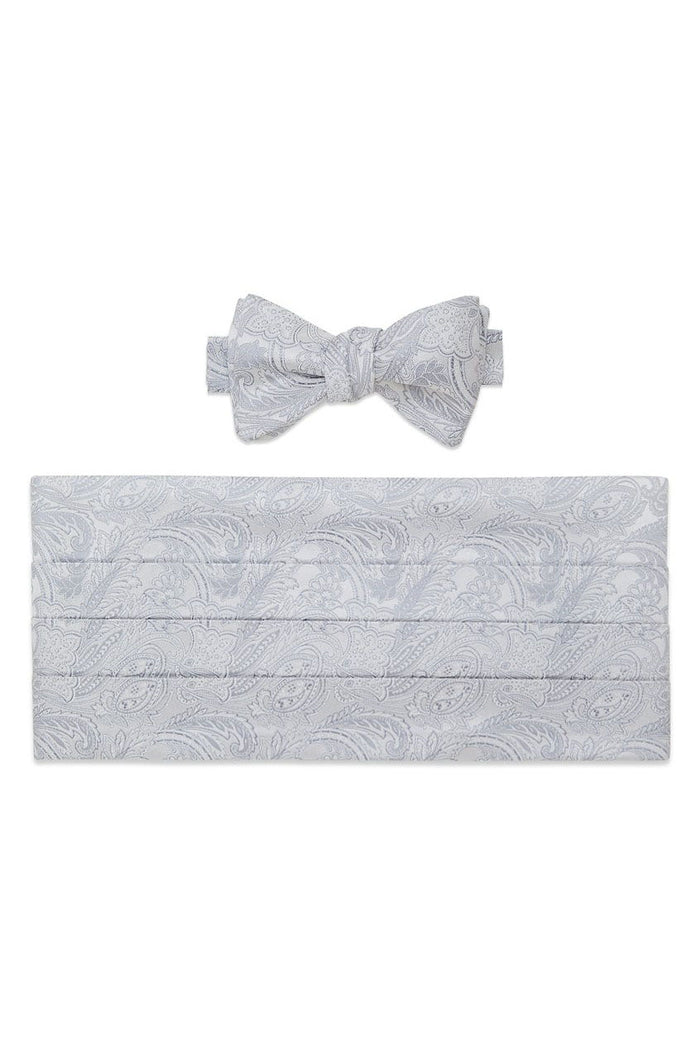 Silver and White Paisley Bow Tie & Cummerbund Set