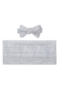 Silver and White Paisley Bow Tie & Cummerbund Set