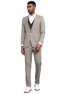 Men's Stacy Adams One Button Peak Lapel Vested Micro Check in Sage Green with an Olive Green Vest