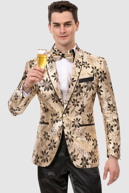 Deluxe Men's Black and Rose Gold Satin-Trimmed Shawl Tuxedo Jacket by Piasley - USA Men's Outlet