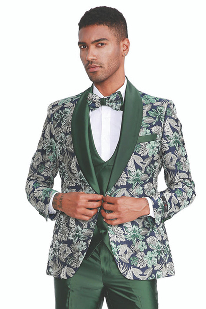 "Men's Slim Fit Paisley Shawl Lapel Tuxedo - One Button Vested Prom Suit in Hunter Green"