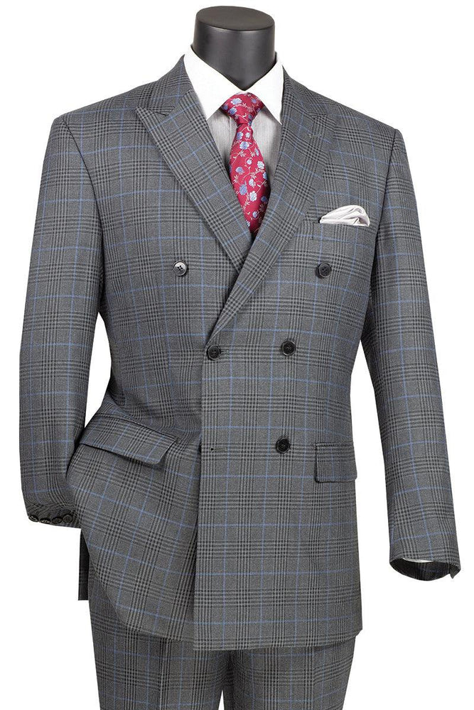 Double-Breasted Charcoal Windowpane Plaid Suit by Vinci - USA Men's Outlet