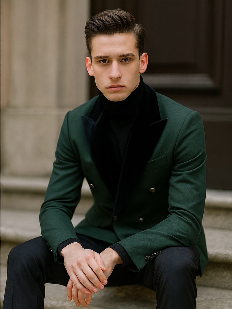 Double Breasted Tuxedo With Gold Buttons Black Lapel perfect for Wedding or Prom