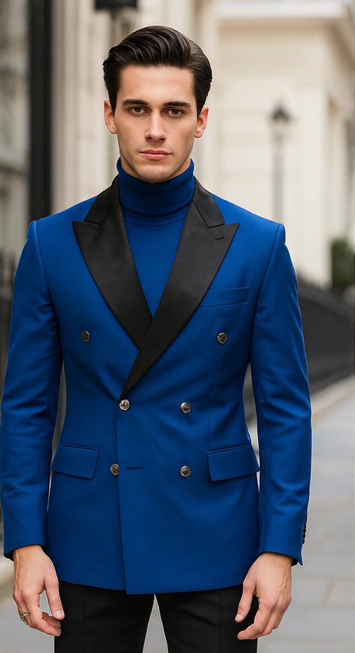 Double Breasted Tuxedo With Gold Buttons Black Lapel perfect for Wedding or Prom Royal Blue