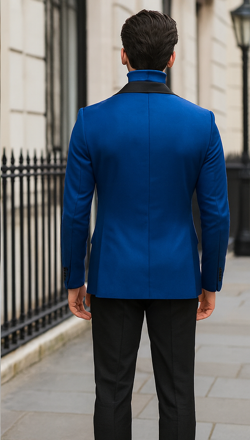 Double Breasted Tuxedo With Gold Buttons Black Lapel perfect for Wedding or Prom Royal Blue