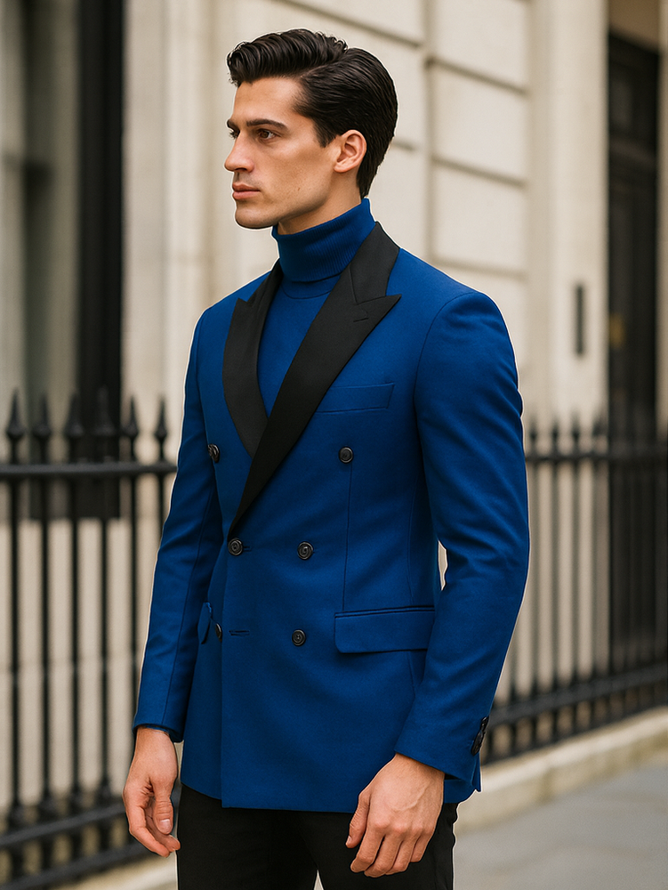 Double Breasted Tuxedo With Gold Buttons Black Lapel perfect for Wedding or Prom Royal Blue