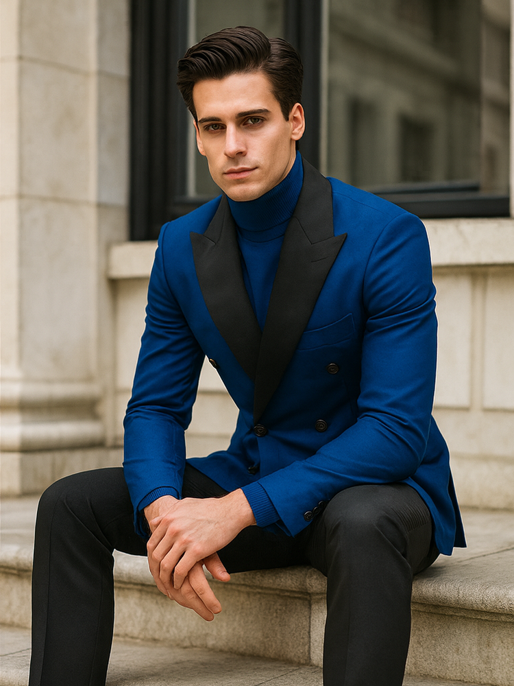 Double Breasted Tuxedo With Gold Buttons Black Lapel perfect for Wedding or Prom Royal Blue