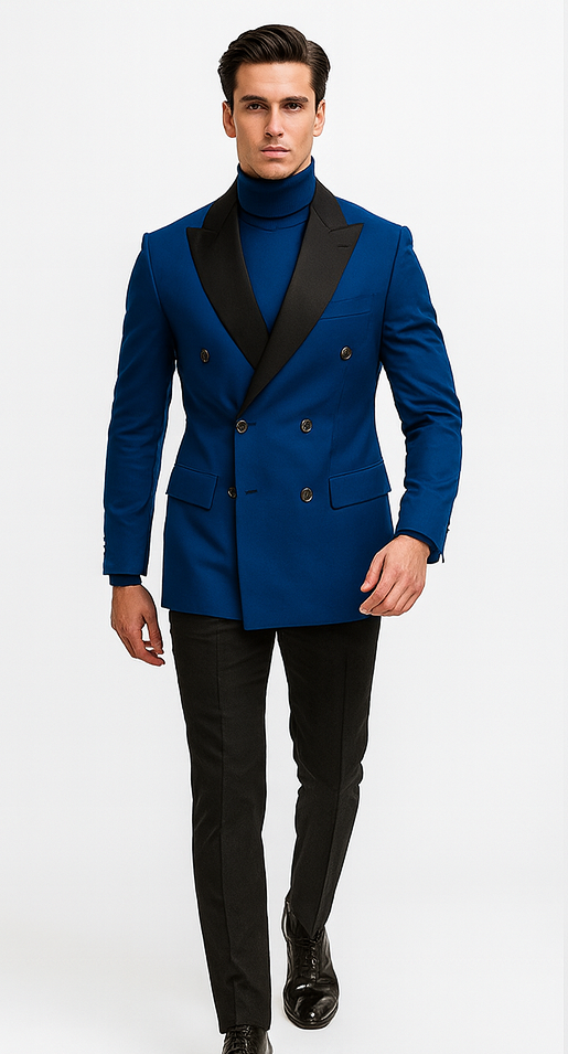 Double Breasted Tuxedo With Gold Buttons Black Lapel perfect for Wedding or Prom Royal Blue