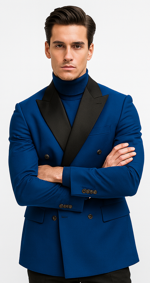 Double Breasted Tuxedo With Gold Buttons Black Lapel perfect for Wedding or Prom Royal Blue