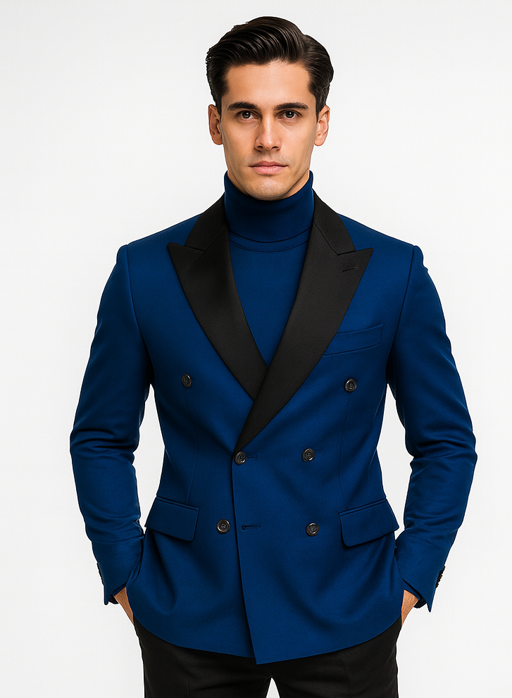 Double Breasted Tuxedo With Gold Buttons Black Lapel perfect for Wedding or Prom Royal Blue