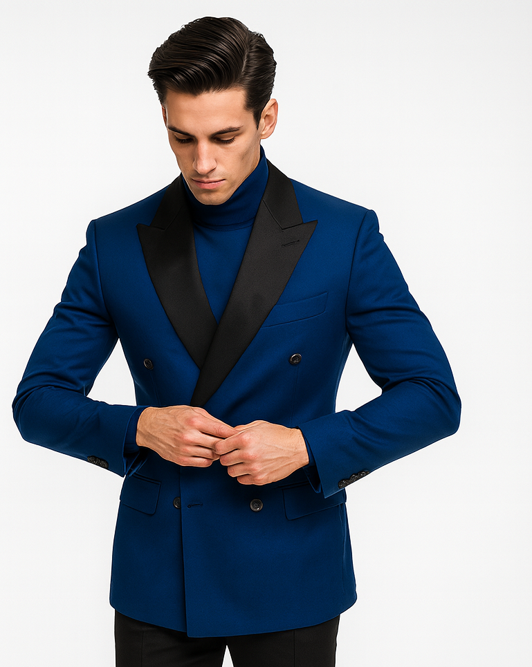 Double Breasted Tuxedo With Gold Buttons Black Lapel perfect for Wedding or Prom Royal Blue