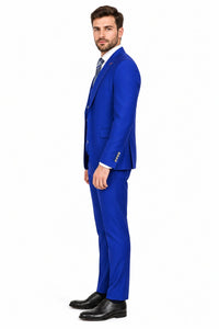 Men's Royal Blue Statement Ticket Pocket Peak Lapel Wool Double Breasted Vest Suit with Silver Buttons – Modern Fit