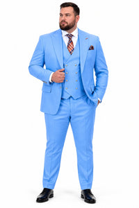 Men's Sky Blue Statement Ticket Pocket Peak Lapel Wool Double Breasted Vest Suit with Silver Buttons – Modern Fit