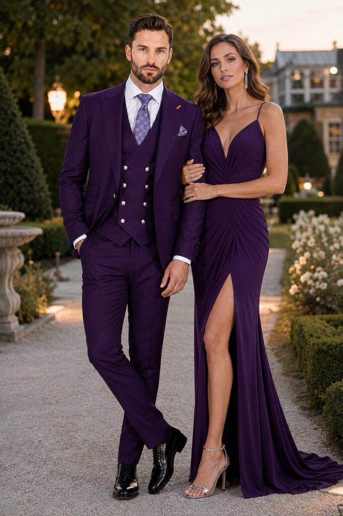 Men's Plum Statement Ticket Pocket Peak Lapel Wool Double Breasted Vest Suit with Silver Buttons – Modern Fit