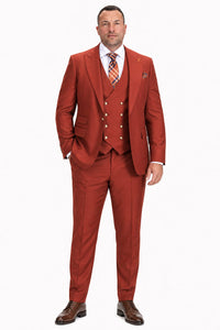 Men's Brick Statement Ticket Pocket Peak Lapel Wool Double Breasted Vest Suit with Gold Buttons – Modern Fit