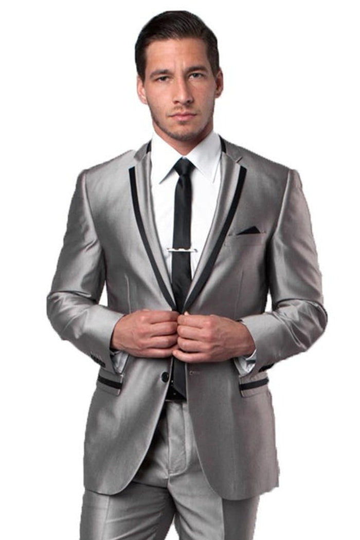 Wedding grey tuxedo MEN'S TWO BUTTON SLIM FIT WEDDING & PROM TUXEDO SUIT IN SHINY SILVER SHARKSKIN WITH BLACK PIPING
